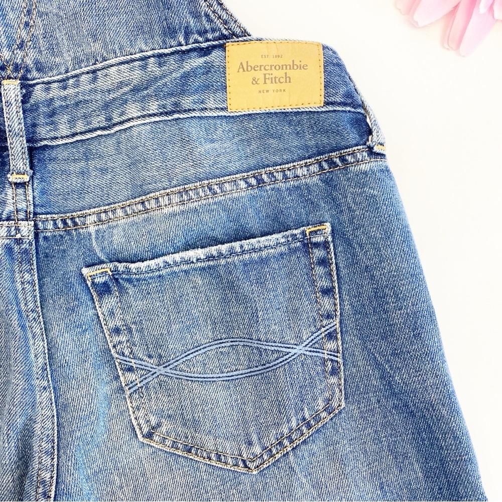 Abercrombie & Fitch Distressed Denim Jean Overalls Raw Hem Straight Slim Blue - Picture 8 of 12